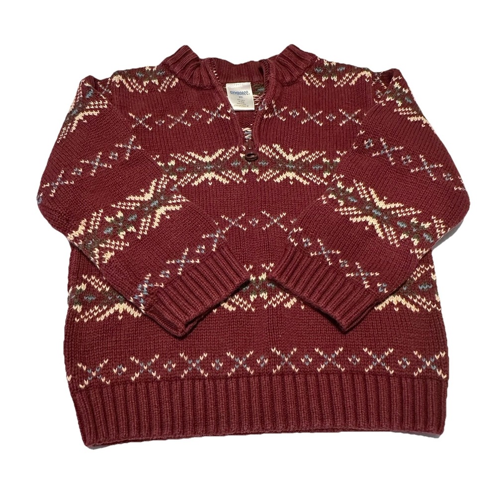 Gymboree Fair Isle Holiday Christmas Sweater 1/4 Zip Burgundy‎ Blue Cream 2T